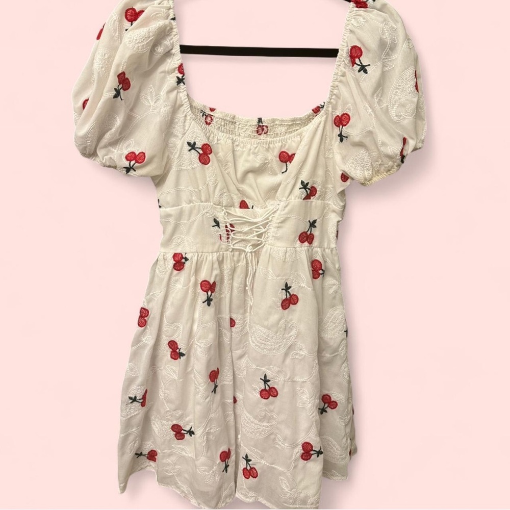 Cherry Milk Maid Dress with Puff Sleeves